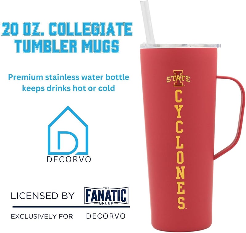 Decorvo NCAA 20 oz. Stainless Steel Tumbler with Handle - Officially Licensed Double Walled Insulated Roadie with Slide Lid and Straw (Iowa St - Red) - Image 2